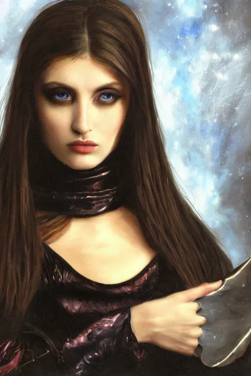 Image similar to hyperrealism oil painting, close - up portrait of european medieval brunette vampire fashion model, knight, steel gradient mixed with nebula sky, in style of baroque