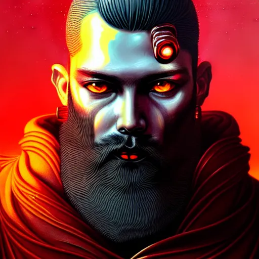 Prompt: bearded man with extremely large and intricate eye cyberpunk bionics with angry red eyes and slim features looking askance, eye cyberpunk bionics, retro futurist style, intricate, elegant gleaming intricate baroque jewelry, angelic halo, highly detailed, digital painting, artstation, concept art, smooth, sharp focus, illustration, art by wlop, mars ravelo and greg rutkowski,