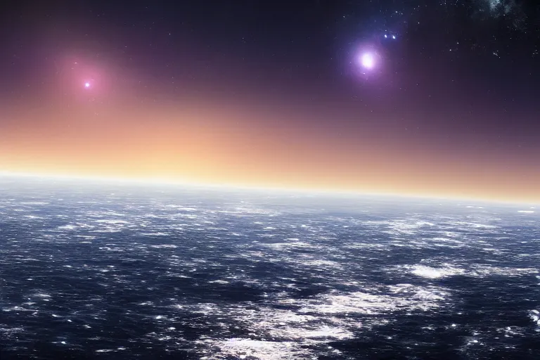 Prompt: the infinite ocean stretches out beyond the horizon, fading into the star filled night sky. ethereal, dreamlike, massive spacebattle in the distance. hd wallpaper.