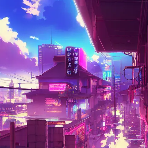Prompt: a beautiful anime style illustration of a cyberpunk town, pink and purple theme, by makoto shinkai, octane render, breathtaking clouds, blue sky, heavenly lighting, high polycut,