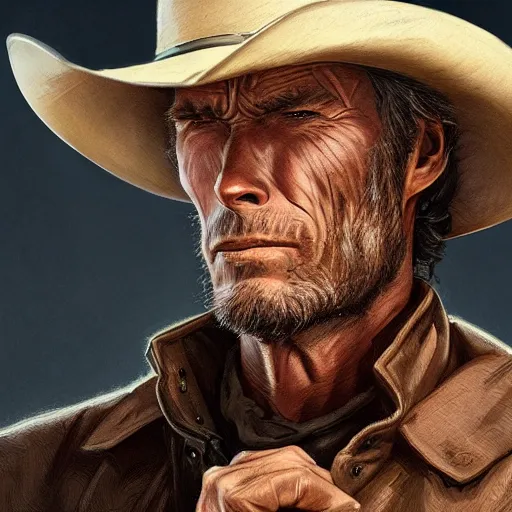 Image similar to rugged male cowboy, clint eastwood, headshot, D&D, painted fantasy character portrait, highly detailed, digital painting, artstation, concept art, sharp focus, illustration, art by artgerm and greg rutkowski and alphonse mucha