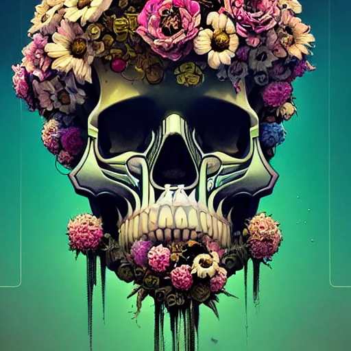 Prompt: a beautiful portrait painting of a ( cyberpunk ) skull covered with flowers by simon stalenhag and pascal blanche and alphonse mucha!! and nekro!! and josan gonzalez. in style of digital art. colorful comic, film noirs, symmetry, brush stroke, vibrating colors, hyper detailed. octane render. trending on artstation