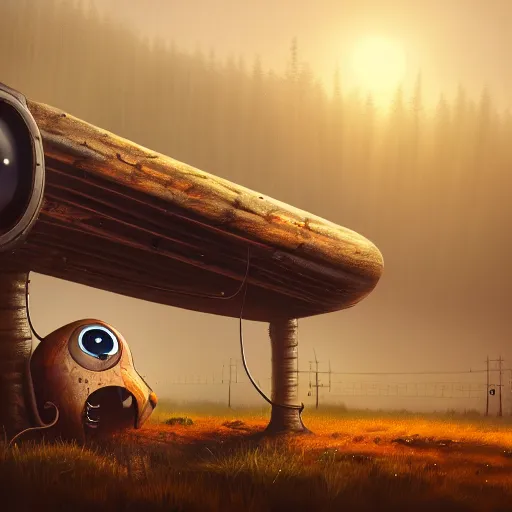 Image similar to a walking wood and metal house with two mechanical legs and two glowing eyes, rust, hyperrealistic, pareidolia, highly detailed, cinematic, single ray of sun, morning, fog, city in background, beautiful, cgssociety, artstation, 8 k, oil painting