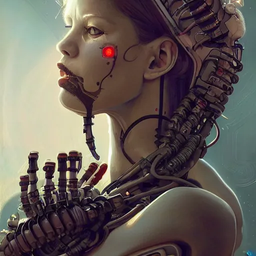 Prompt: An Alien Robot Naughty Nurse, facial tattoos, artists portrait, biomechanical, Emergency Room, fantasy, highly detailed, digital painting, concept art, sharp focus, depth of field blur, illustration, art by artgerm and greg rutkowski and alphonse mucha