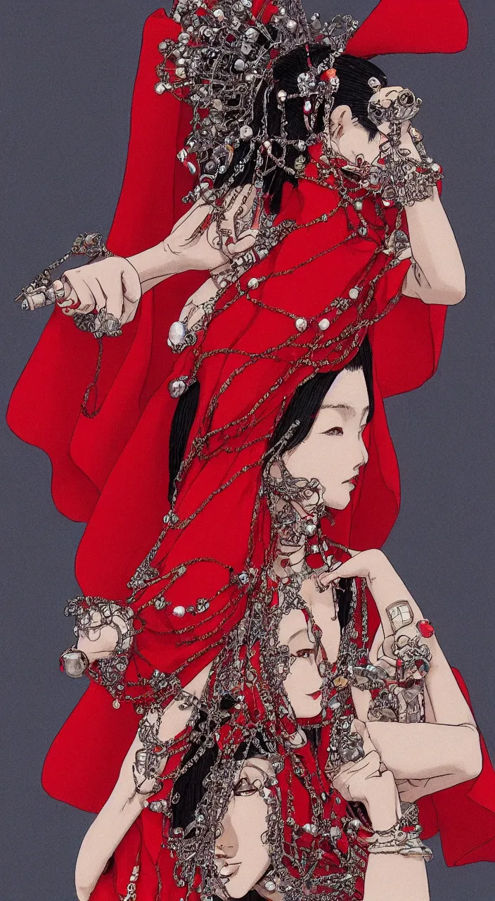 Image similar to a female character design wearing high fashion, beads hanging over her face like an alexander mcqueen headdress, haute couture, dior, and a red cape by kawase hasui, moebius, hd, 8 k, artstation, high quality, ultra detailed