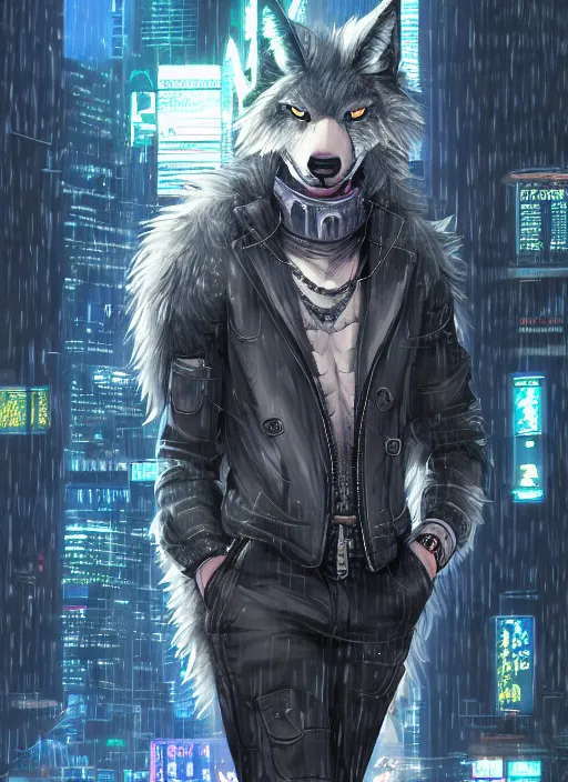 Image similar to character portrait of a male anthro wolf fursona with a tail and a cute beautiful attractive detailed furry face wearing stylish cyberpunk clothes in a cyberpunk city at night while it rains. hidari, color page, tankoban, 4K, tone mapping, Akihiko Yoshida. Nomax, Kenket, Rukis.