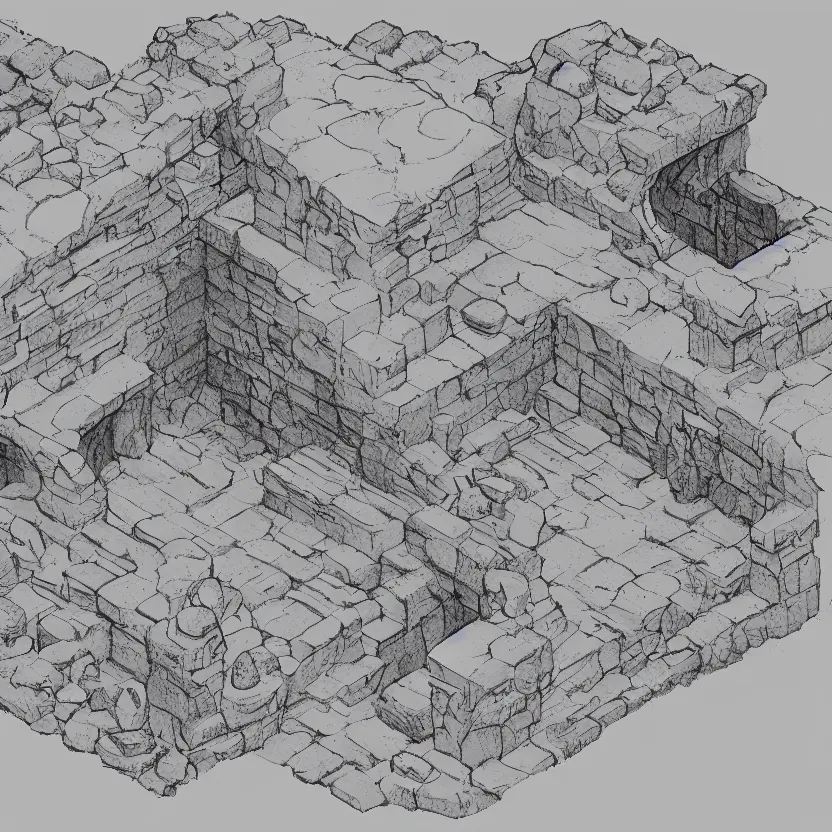 Prompt: isometric view of the outside of a cave, lineart