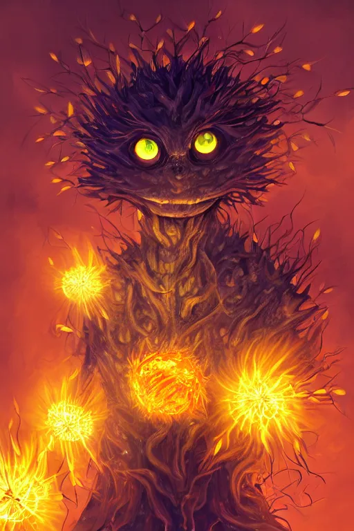 Image similar to a glowing humanoid figure dandelion monster with large glowing eyes, surrounded by fire, highly detailed, digital art, sharp focus, trending on art station, artichoke, anime art style