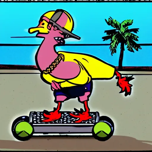 Image similar to a dodo wearing street clothes, a backwards ballcap and gold chain around its neck, on a hover board at a skate park at the beach, 1990s cartoon, anime style