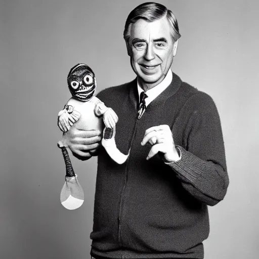 Prompt: mr. rogers proudly displaying a pint - sized slimy flesh demon. 1 9 7 0 s studio photo.