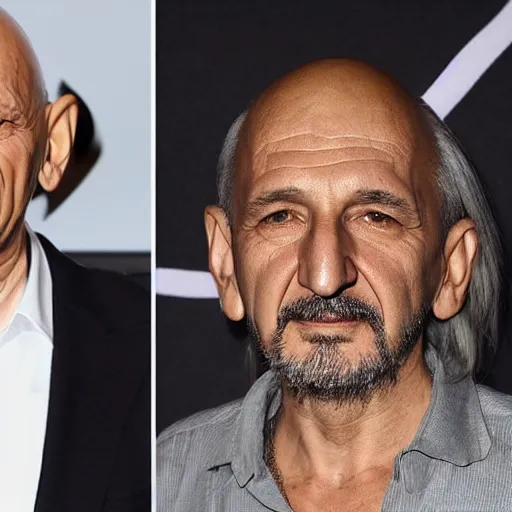 Prompt: ben kingsley fused with braco the gazer and clean shaven, with long straight grey hair and white shirt