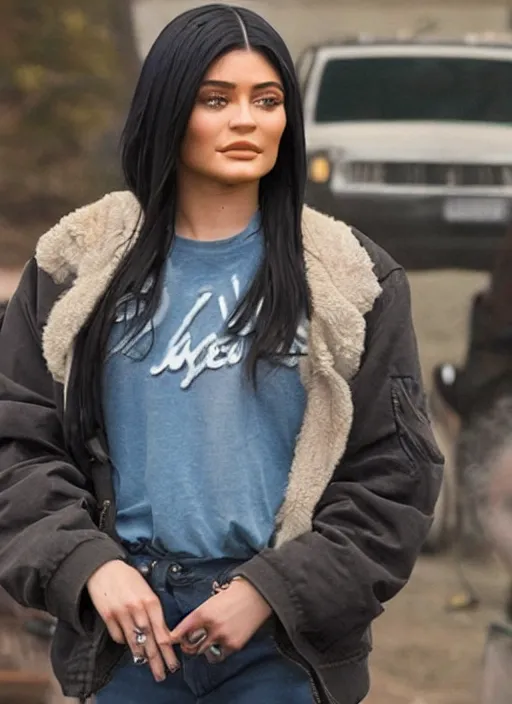 Prompt: film still of kylie Jenner as Frank Gallagher on shameless