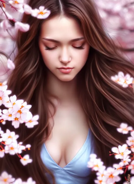 Prompt: photo of a gorgeous female with long brown hair in the style of stefan kostic, realistic, body shot, sharp focus, 8 k high definition, insanely detailed, intricate, elegant, art by stanley lau and artgerm, cherry blossoms