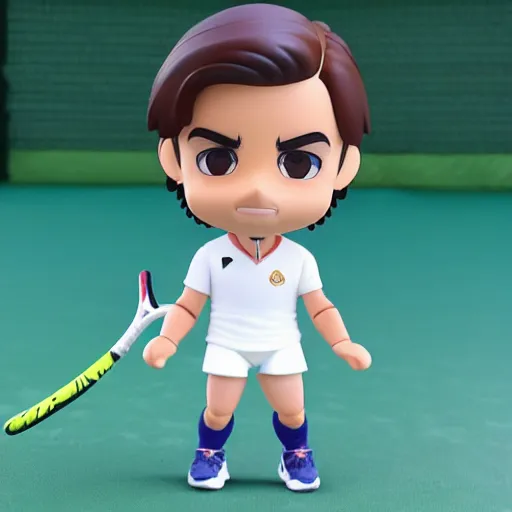 Image similar to rafael nadal! as nendoroid, background is tennis court, kodak film