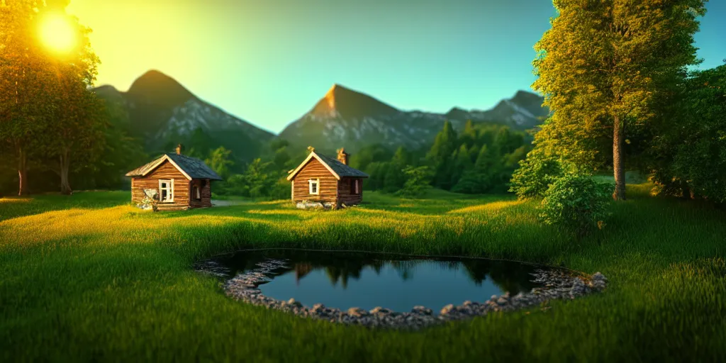 Image similar to a beautiful fantasy landscape, mountain in background, little cottage, small pond, some trees in the corner, sunrise, hyper realism, octane render