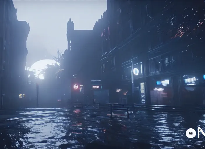 Image similar to 4k 60fps in-game Destiny 2 gameplay showcase, dark, misty, foggy, flooded, rainy manhattan street in Destiny 2, liminal, dark, dystopian, large creatures in distance, abandoned, highly detailed