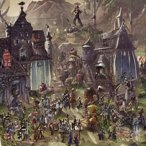 Image similar to very detailed painting of tiny people in the monster town in wimmelbilder style