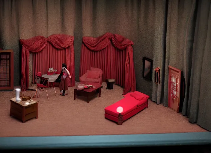 Prompt: Still frame the retro Twin Peaks, depicting the red room scene from Twin Peaks, made by doll miniatures diorama, directed by Nobuhiko Obayashi