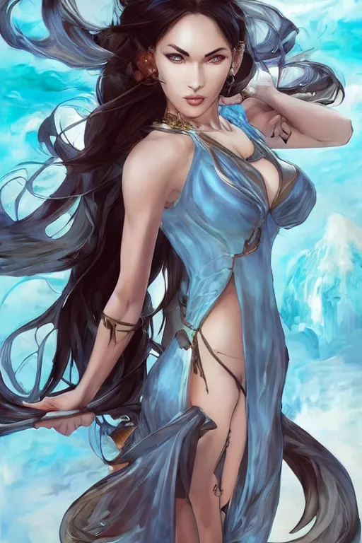 Image similar to Megan Fox using a pale blue summer dress in a blade and soul spinoff artbook rendered by the artist Taran Fiddler, Joe Madureira, Nadezhda Tikhomirova, Jiyun Chae, Lê Long, trending on Artstation by Hyung Tae Kim, artbook, Stanley Artgerm Lau, WLOP, Rossdraws , James Gurney