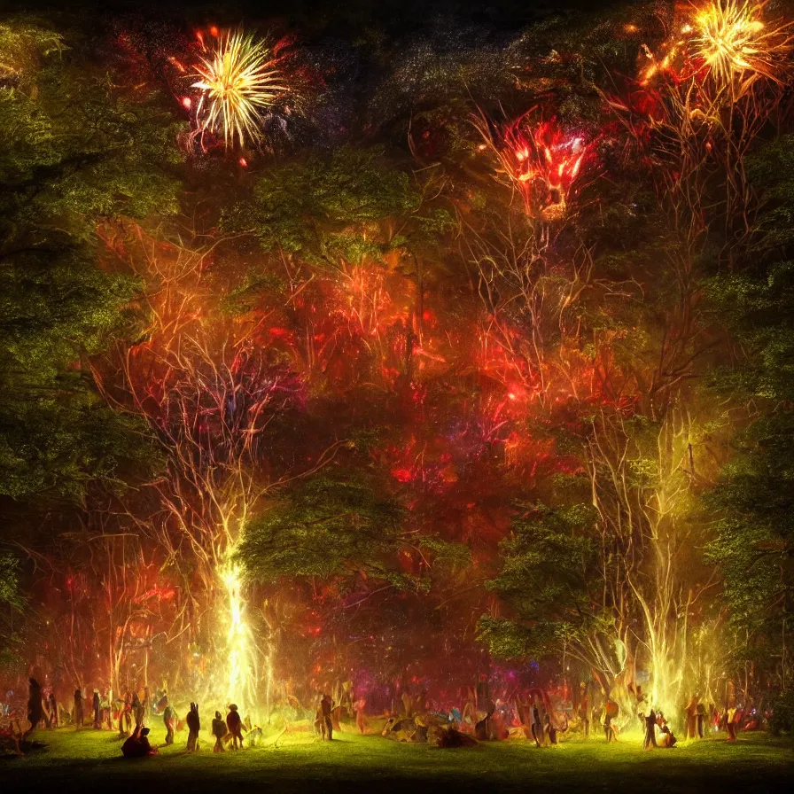 Prompt: closeup of a night carnival inside a tree cavity in a magical forest in the middle of a summer storm, with a music scenario with many fireworks and christmas lights, volumetric lightning, instense god rays in the sky, folklore people disguised with fantastic creatures in a magical forest by summer night, masterpiece painted by greg rutkowski, scene by dark night environment, refraction lights,