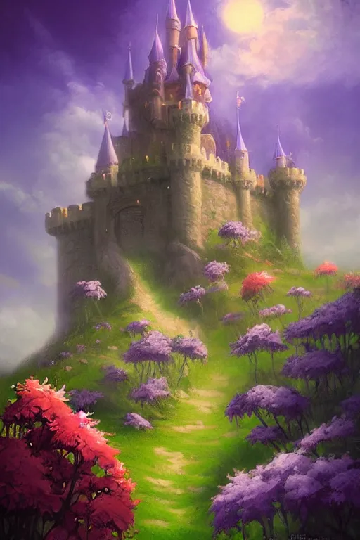 Prompt: fantasy castle flowers and fantasy sky, andreas rocha style