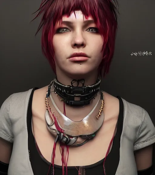 Prompt: detailed realistic female character cyberpunk wearing thick large collar around neck, realistic, art, beautiful, 4K, collar, choker, collar around neck, punk, artstation, detailed, female, woman, choker, cyberpunk, neon, punk, collar, choker, collar around neck, thick collar, tight around neck, punk,