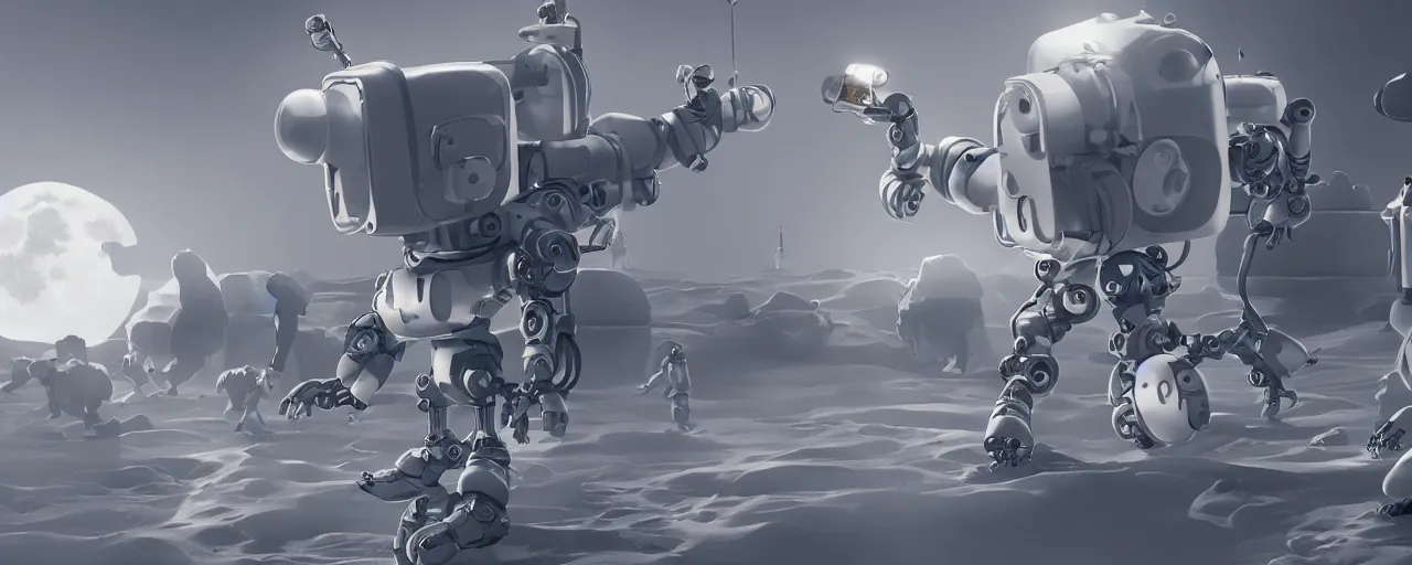 Prompt: cute robots working on the moon, trending on artstation, 8K, pincushion lens effect