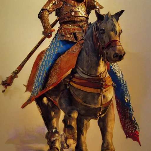 Image similar to mel gibson as rider with couched jousting lance, medieval helmet, colorful caparisons, chainmail, detailed by greg manchess, craig mullins, bernie fuchs, walter everett, low angle