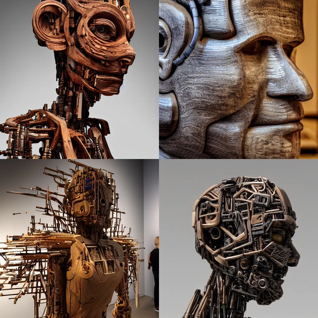 Prompt: an ultra realistic photo, of a wooden art sculpture on a piédestal of an ancient robotic god cyberpunk hyperdetailed in a contemporary art gallery, octa 8k,