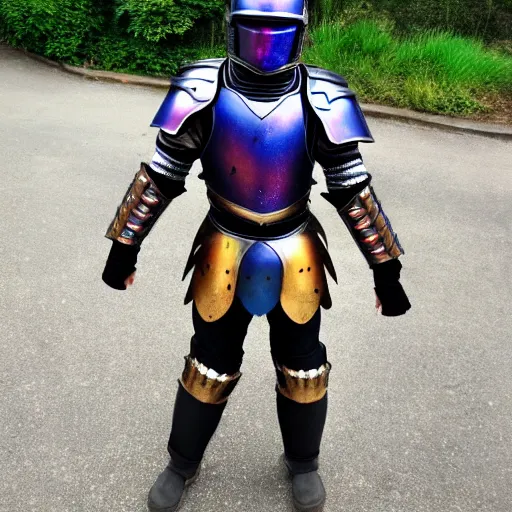 Prompt: full body photo of a warrior with galaxy coloured armour,