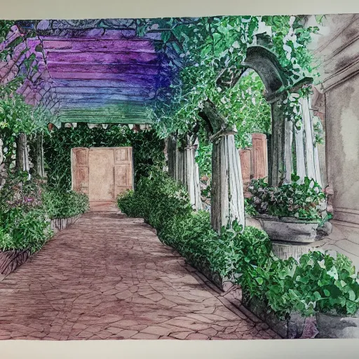 Prompt: delicate garden on paper floating puffy vines botanical herbarium botanic watercolors iridescent 8 k wide angle realistic shaded fine details, artstation italian rainbow colonnade oak pinecone gardena architecture pompeii