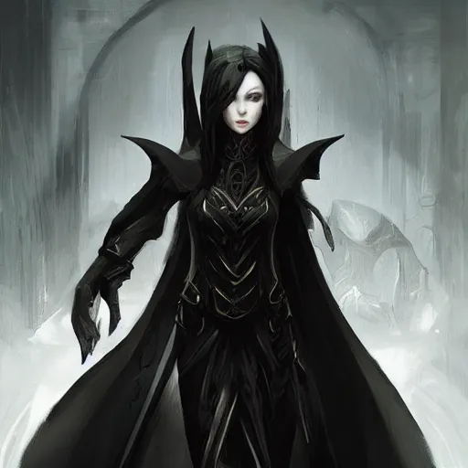 Prompt: a female shadowy elf in dark robes, black dress, wavy black bob hair bangs, dnd character art portrait, by ruan jia