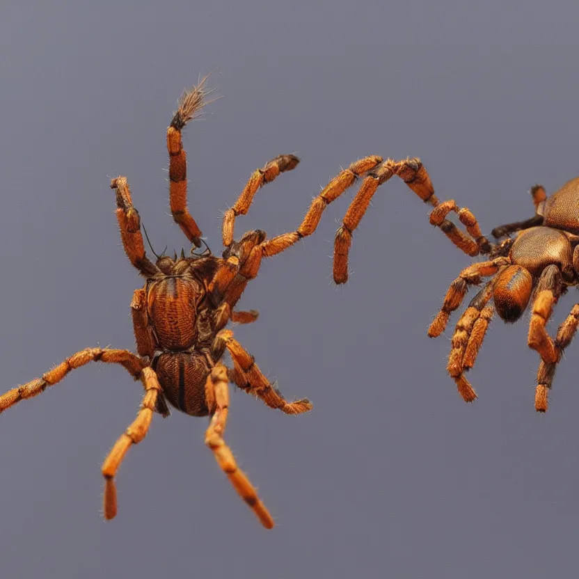 Image similar to robotic hornet fighting a tarantula heavy grainy picture, very detailed, high quality, 4k panoramic, HD criterion, dramatic lightning