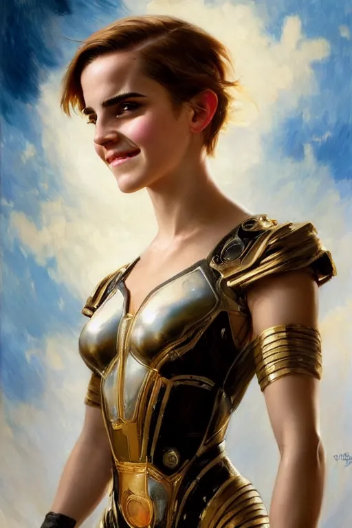 Image similar to emma watson smiling closeup portrait futuristic fractal fightsuit bustier gaston bussiere craig mullins j. c. leyendecker short wet hair
