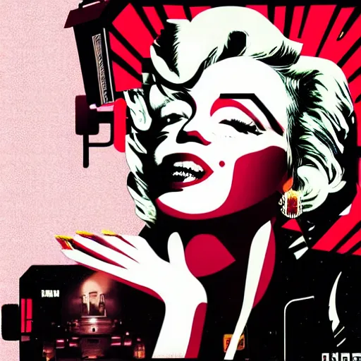 Image similar to Illustrated by Shepard Fairey and H.R. Geiger | Cyberpunk Marilyn Monroe with VR helmet, surrounded by cables