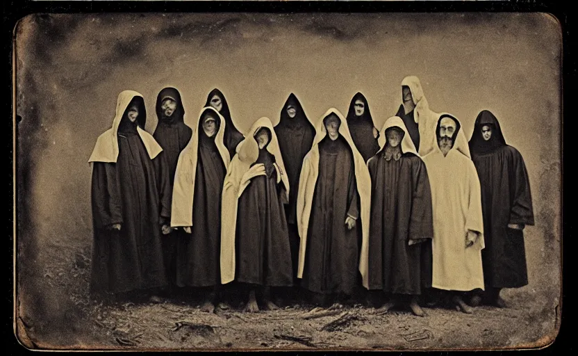 Image similar to a old daguerreotype photo of a group of cultists, wearing robes, with demonic goat face, wearing hoods, on a pilgrimage to hell, grainy, old photo, golden ratio, scary, horror photography, 5 0 mm lens, f 1. 8