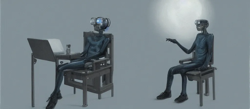 Image similar to human sitting in a chair to get upload by a futuristic scan machine to a computer, uploaded, scifi machine, very detailed, award winner on deviantart by geg rutkowski, by madgwick