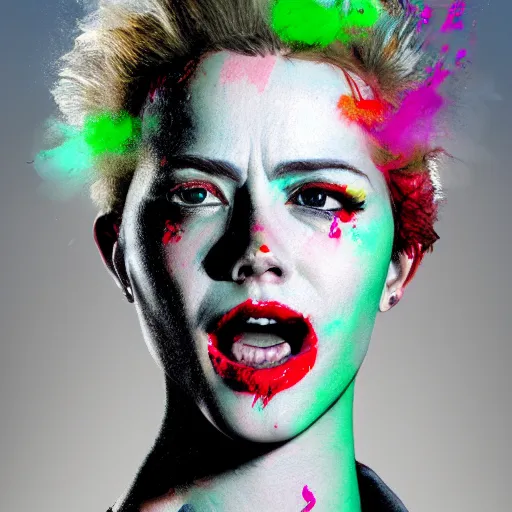 Image similar to portrait made out of exploding paint, punk rock women, short blond hair, octane render, highly detailed, comic book art