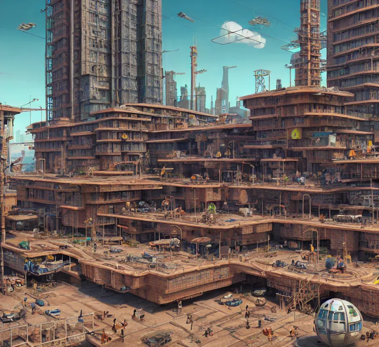 Image similar to hyperrealism photography hyperrealism concept art of highly detailed beavers builders that building highly detailed futuristic ( cyberpunk ) city by wes anderson and hasui kawase and scott listfield sci - fi style hyperrealism rendered in blender and octane render volumetric natural light