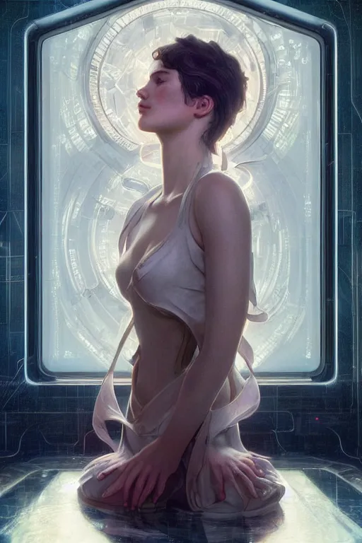 Image similar to beautiful and enigmatic ai held captive in a remote research facility. vulnerability and innocence, ultra realistic, sharp details, subsurface scattering, intricate details, warm lighting, beautiful features, highly detailed, photorealistic, octane render, 8 k, unreal engine, art by artgerm and greg rutkowski and alphonse mucha