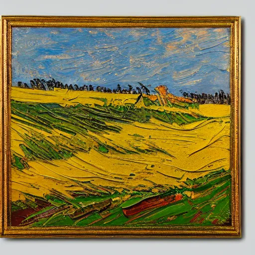 Prompt: oil paint impasto relief, beautiful evening view of an oilseed field, evening, multi layered thick brush marks, some splattered paint, in the style of ivan shishkin and frank auerbach and van gogh