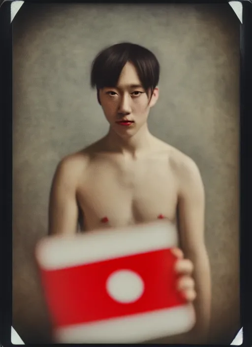 Image similar to polaroid by mucha, selfie, influencer, diaphanous, fashion, octoberfest, render, octane, detailed, award winning photography, masterpiece, of nicol cage playing poker. he is wrapped in the korean flag, dark backround, highly detailed, smooth, sharp focus, intricate,