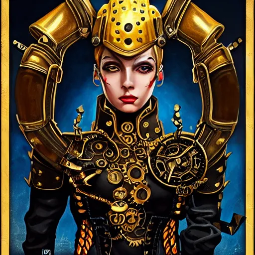 Image similar to Lofi steamPunk portrait dragon knight wearing black and gold plate armor Pixar style by Tristan Eaton Stanley Artgerm and Tom Bagshaw