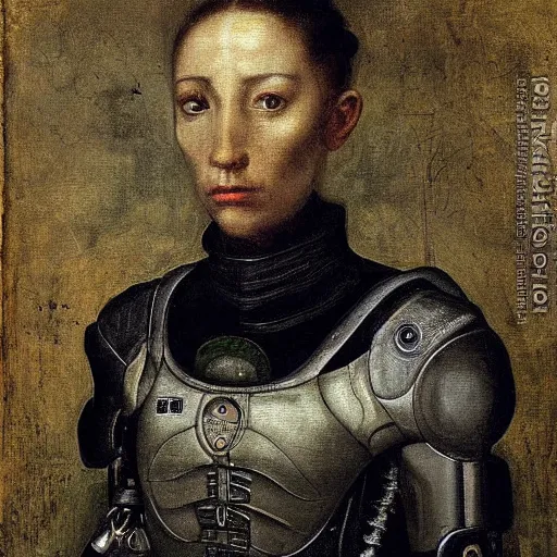 Prompt: portrait of a cyborg ranger, beautiful painting by sofonisba anguissola