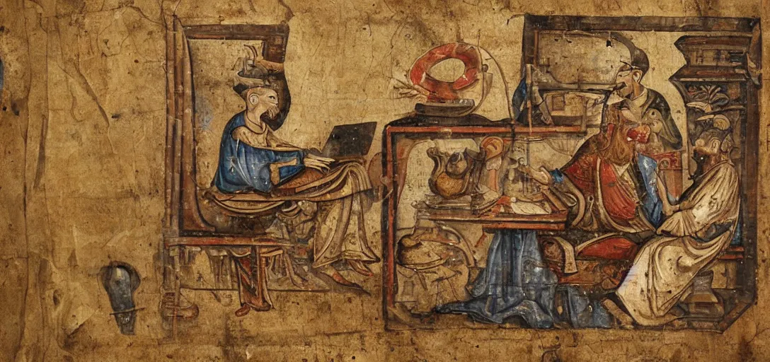 Image similar to ancient manuscript depicting modern technology, ancient manuscript with pc, smartphone, laptop, ancient scroll, modern technology, 4 k high resolution
