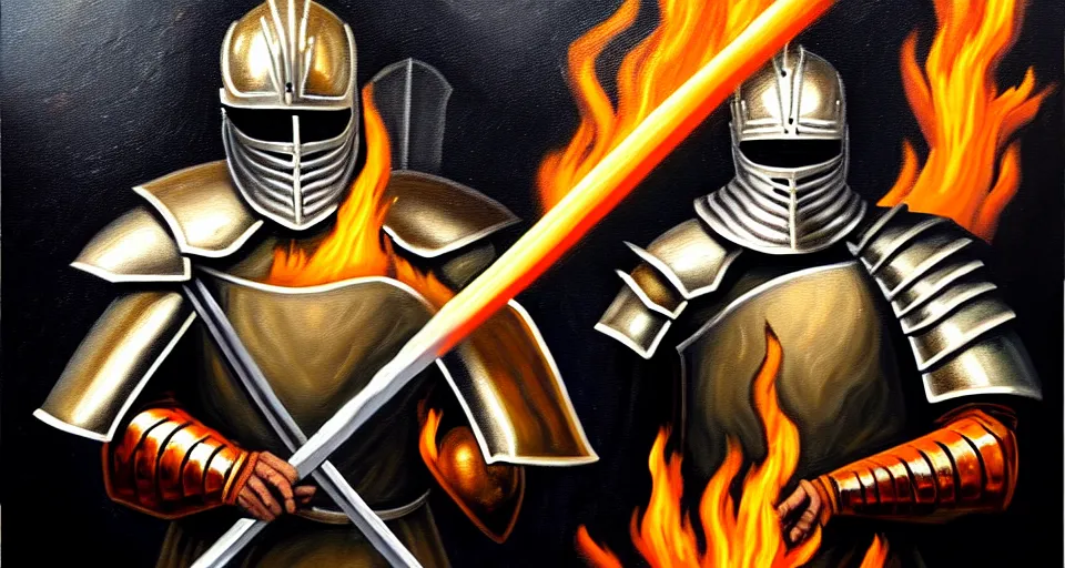 Image similar to An oil painting of a knight in dark metal armor wielding a flaming sword