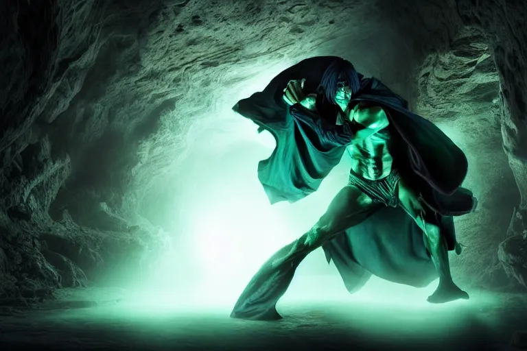 Image similar to vfx film, photorealistic render, soul reaver, raziel irl, price of persia movie, missing jaw, hero pose, devouring magic souls, scarf, hood, glowing green soul blade, in epic ancient sacred huge cave temple, flat color profile low - key lighting award winning photography arri alexa cinematography, hyper real photorealistic cinematic beautiful, atmospheric cool colorgrade