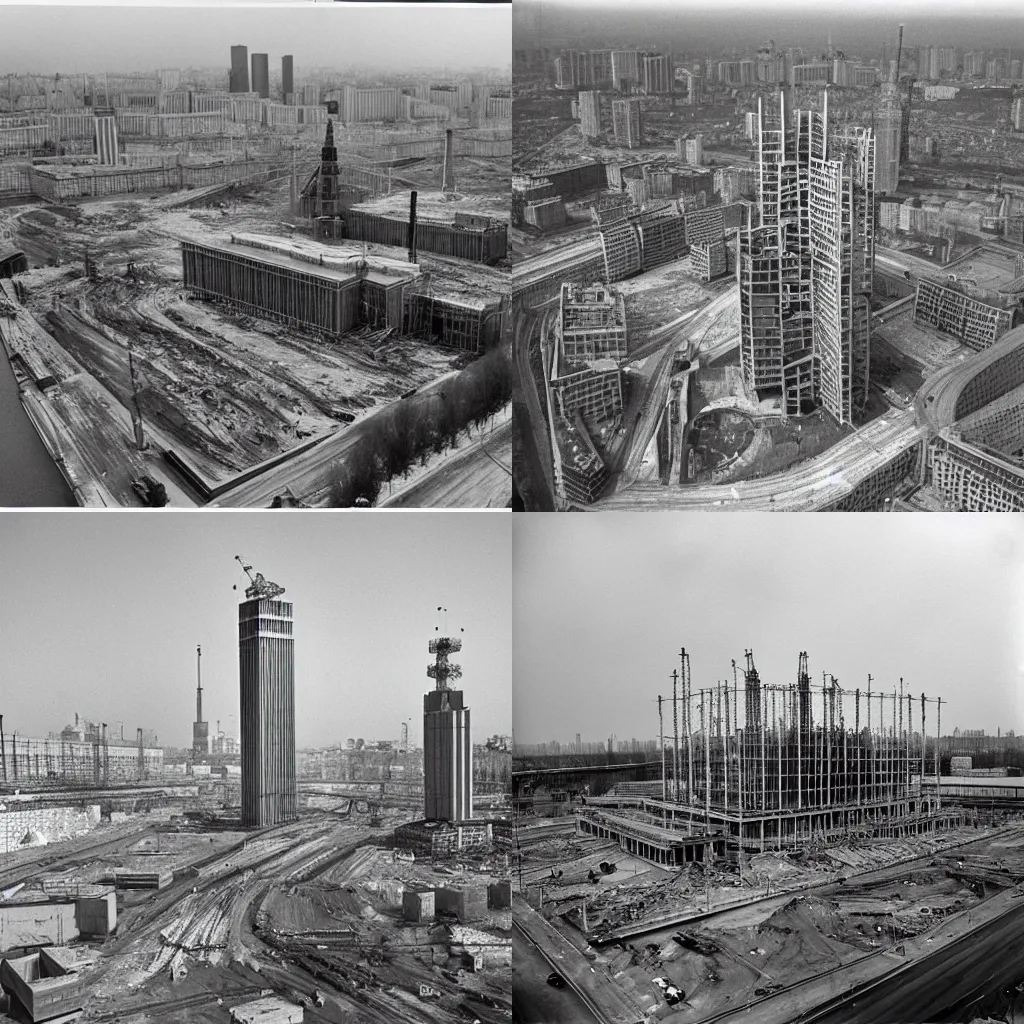 Prompt: mass construction in moscow, 1 9 7 0