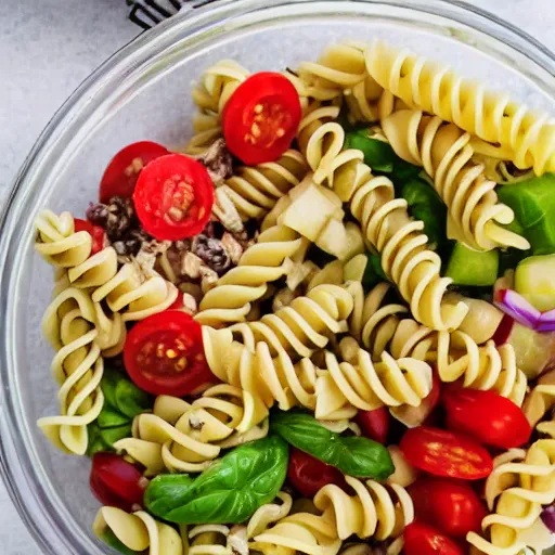 Prompt: a bunch of random food in a bowl to make some kind of pasta salad there's also a beer in the picture it's half drunk