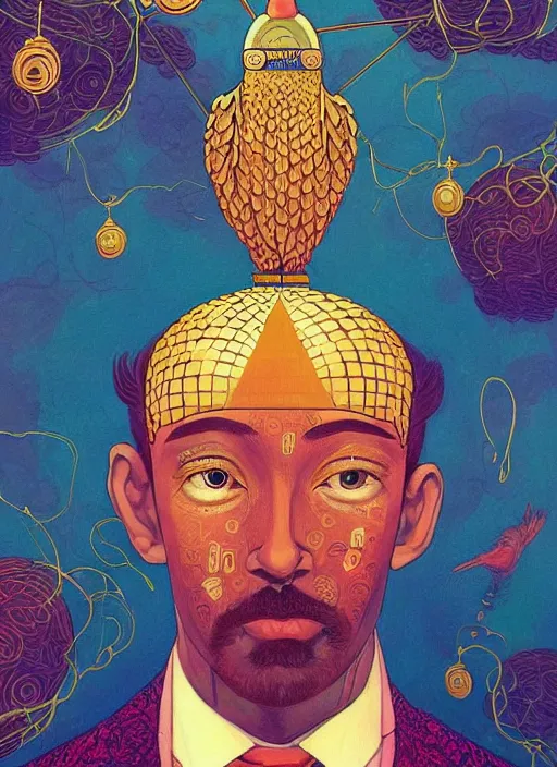 Image similar to beautiful painting of a mystical man in a suit with a golden bird cage as a head, in the style of james jean and victo ngai and sam spratt, mystical colors, trending on artstation